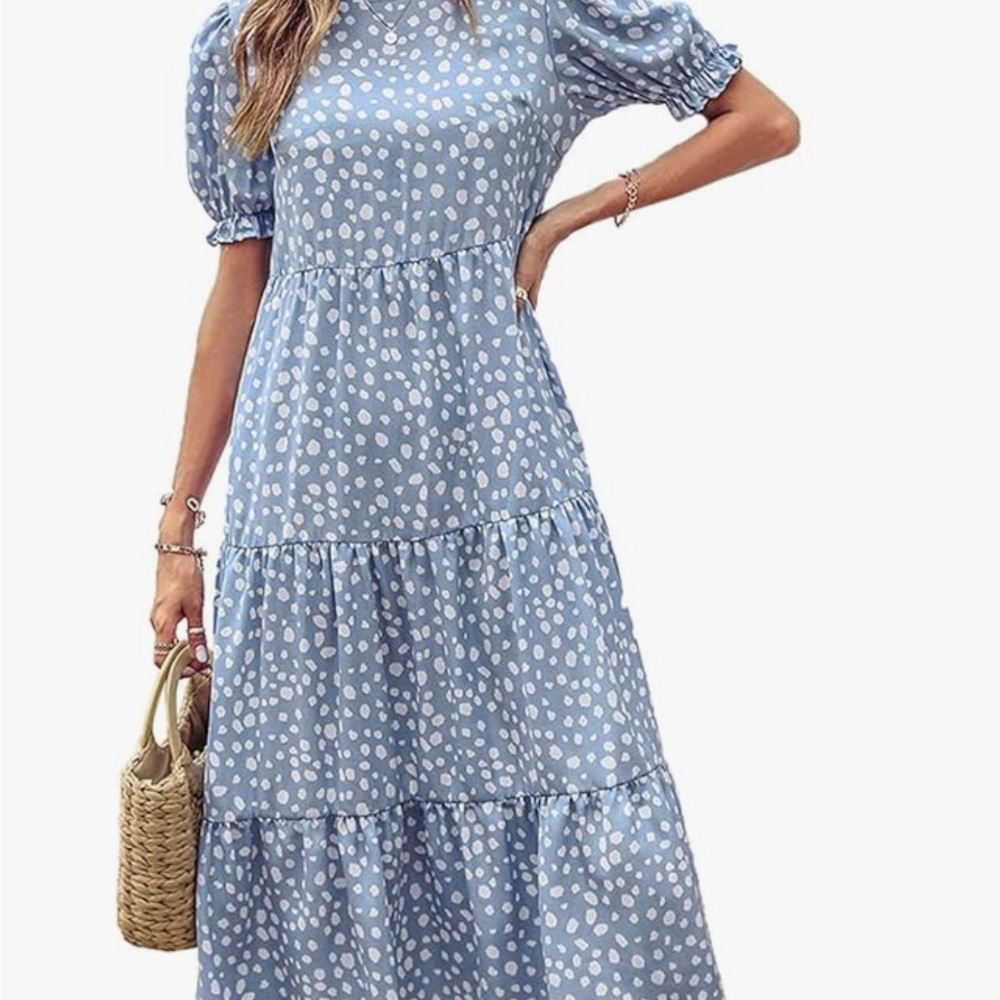 Elegant Blue and White Polka Dot Midi Dress - Picture 5 of 6